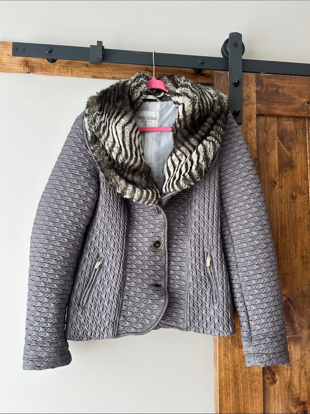 Textured Teddy Jacket with Faux Fur Zebra Collar - Gray